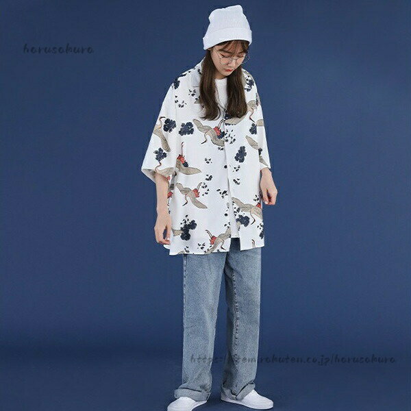 柄シャツ ツル 鶴柄 鳥 花柄 花 和柄 和風 着物風 アロハ アロハシャツ オープンカラー サテン ビッグシルエット半袖 半袖シャツ オーバーサイズ 衣装 夏服 春服 個性的 韓国 3