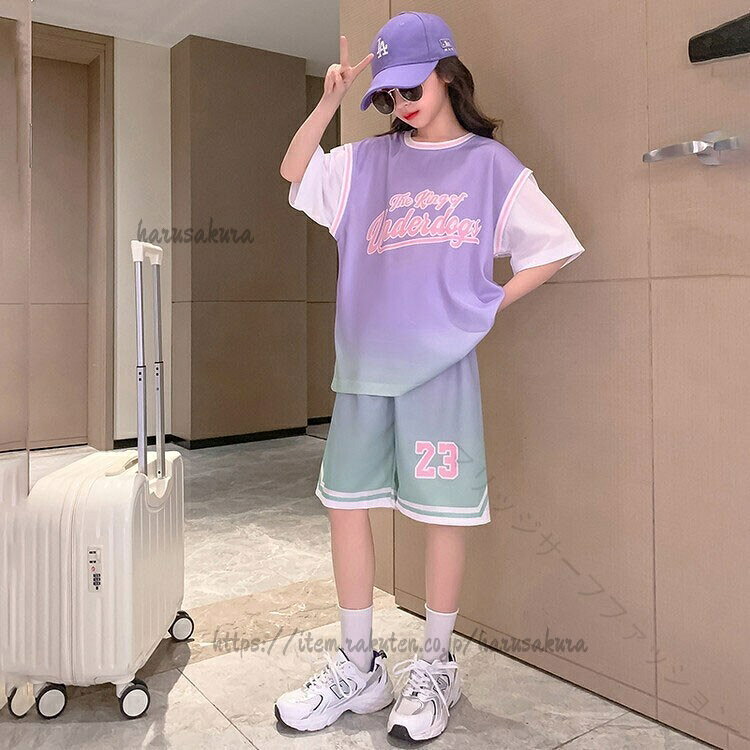 バスケットボール ウェア スポーツ 用 キッズ 女の子 ユニフォーム 上下 2 点 セット 半袖 T シャツ ハーフ パンツ 吸汗 速乾 練習着 トレーニング ピンク パープル 1 - 120