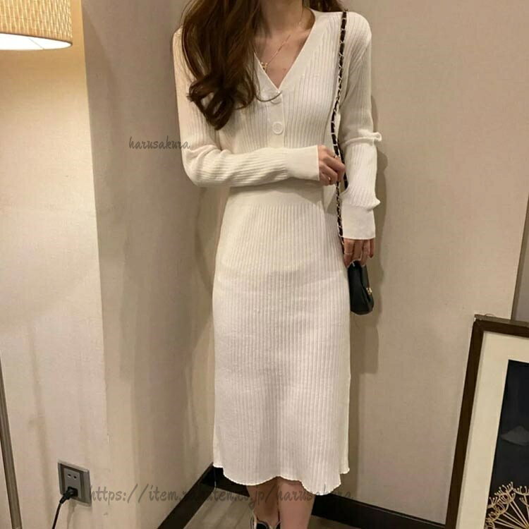 フロントボタン ニットワンピース ワンピース ニット 秋冬 レディース タイト ニッ...