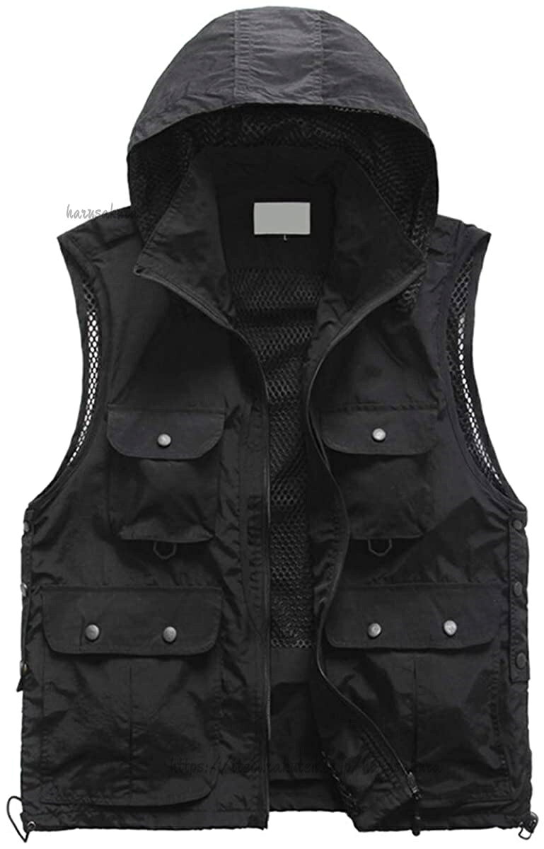Vests - アウトドアベスト メンズ フード付き フード取り外し可能 メッシュベスト 通気 多機能 カメラマンベスト お釣り 撮影 無地 作業着 四季通用 作業用