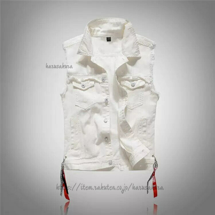 Vests - デニムベスト メンズ ノースリーブ ジャケット ダメージ加工 カットオフ 襟付き カジュアル ストリート 裾リボン付き 春 夏 秋 チョッキ アウター 重ね着 ワークベスト ロック パンク風