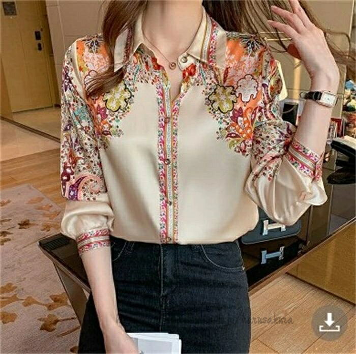 Blouses - 夏 春 クラシカル オフィス 上品 きれいめ 体型カバー 大きいサイズ 羽織り シャツブラウス 花柄シャツ トップス 長袖トップス