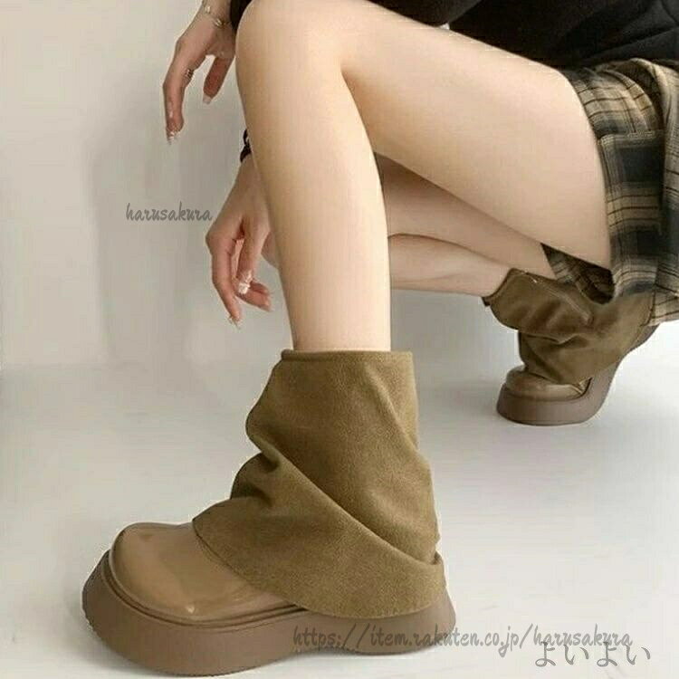 くしゅくしゅブーツ オシャレ ブーツ 厚底 可愛い ラウンドトゥ レディース 韓国フ...