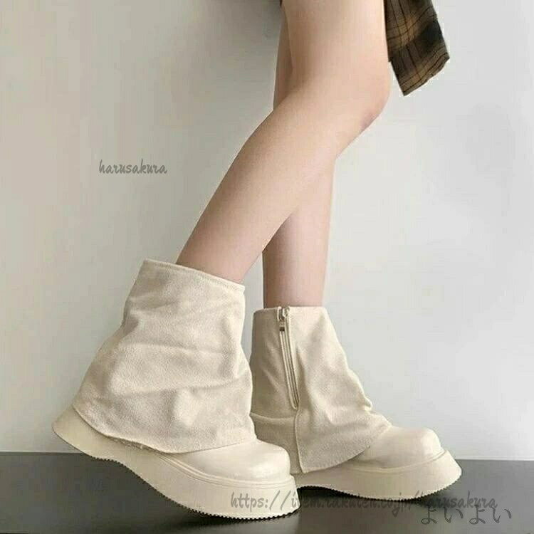 くしゅくしゅブーツ オシャレ ブーツ 厚底 可愛い ラウンドトゥ レディース 韓国フ...