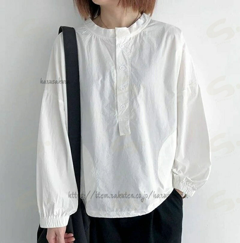 HARUSAKURA楽天市場店の長袖tシャツ レディース シャツブラウス 長袖 コットン 綿混 ゆるt きれいめ 大きいサイズ 体型カバー シンプル かわいい 無地 長袖ブラウス トップス ゆった 夏 春 柔らかい｜アングル3