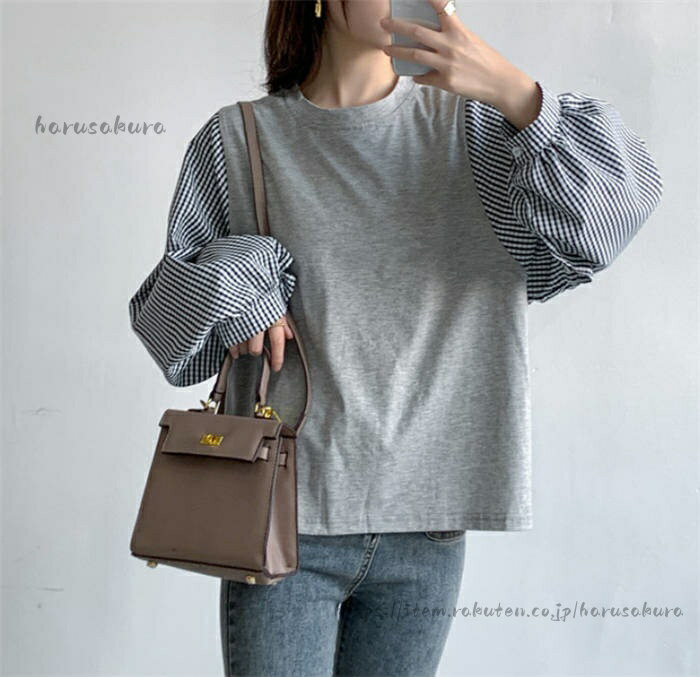 パフスリーブ tシャツ ブラウス レディース 7分袖 長袖 切り替え カットソー オーバーサイズ 配色 プルオーバー ゆったり 大きいサイズ ビッグシルエット 体型カバー 夏 春 シンプル