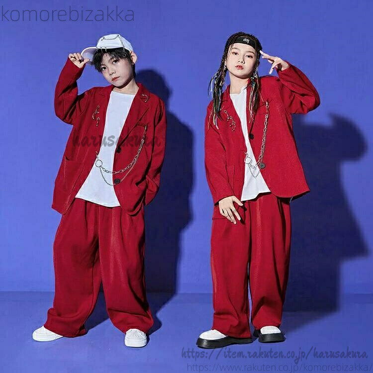 乐天商城 - ダンス 衣装 赤 セットアップ ダンススーツ 女の子 男の子 かっこいい 韓国 ヒップホップ 赤ジャケット