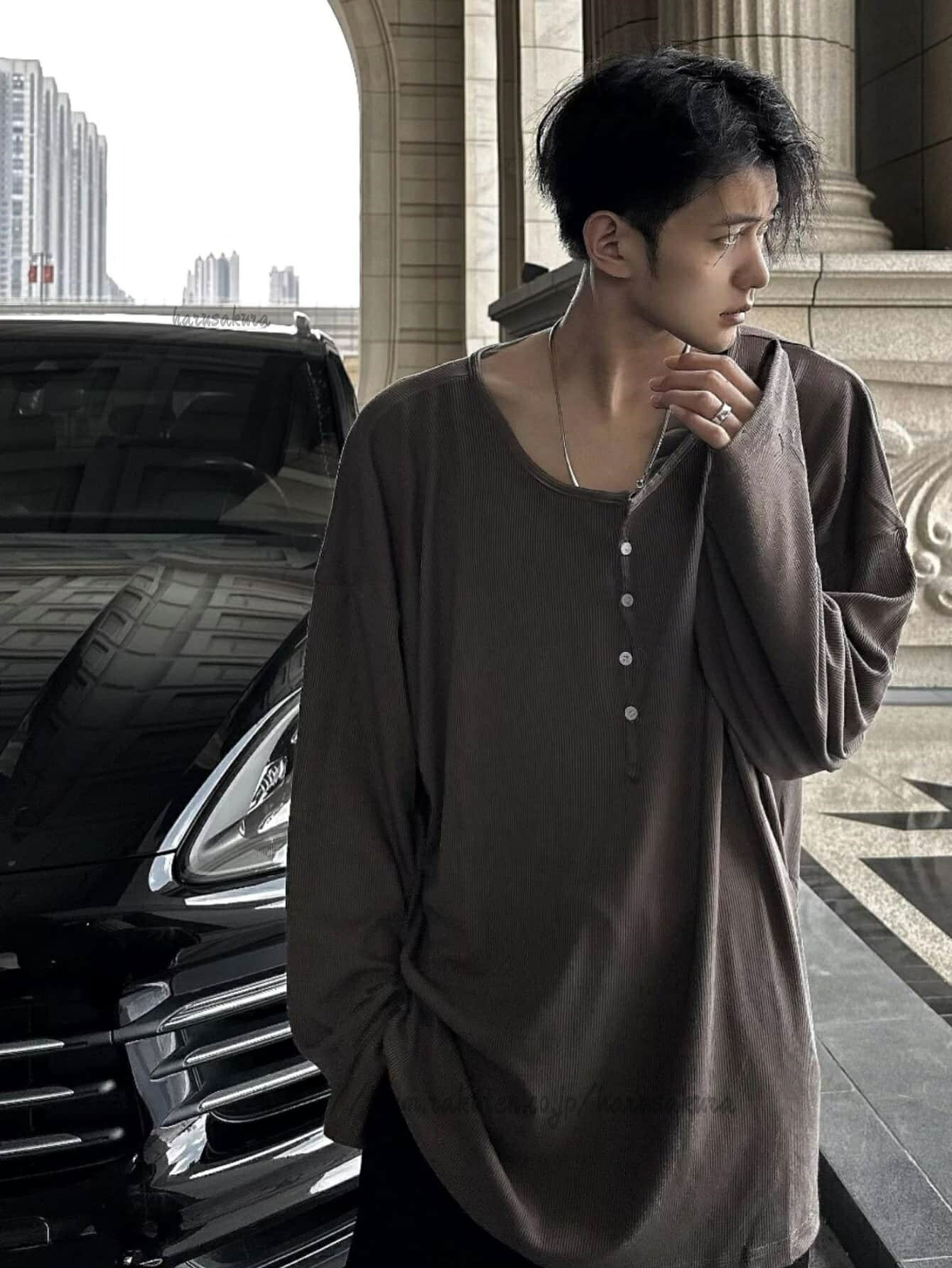 ロンT メンズ 長袖 Tシャツ ビッグシルエット ワイドカラー 襟付き ボタン 無地 ストリート系 カジュアル レイヤード 秋 春 重ね着
