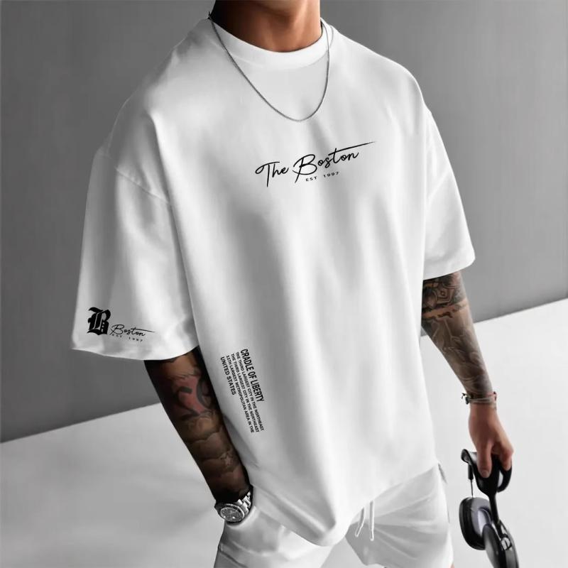 Tシャツ メンズ クルーネック ゆったり 短袖 カジュアル アルファベット プリント フィット トップス 日常使い 春夏 吸湿速乾 軽量 コットン混