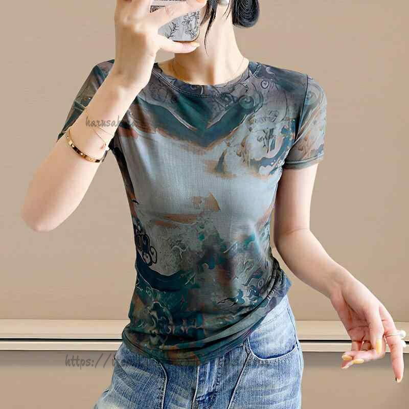 Rakuten - Tシャツ レディース 細見え スリムフィット メッシュ素材 幾何学模様 プリント柄 半袖 クルーネック プルオーバー 通勤スタイル きれいめ 春夏
