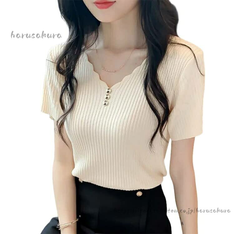 ニットトップス サマーニット トップス 半袖 レディース Vネック 涼しい アイスシルク プルオーバー リブ Tシャツ 春 夏 かわいい 半袖ニット インナー シンプル 薄手 tシャツ サマー harusakura-10051621 HARUSAKURA楽天市場店 サンプル画像2