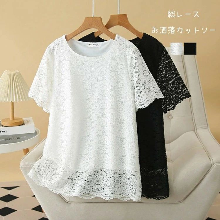 Blouses - Tシャツレーストップスレディース半袖ブラウスカットソーチュニック夏総レース薄手シャツブラウス半袖ブラウス花柄透け感きれい