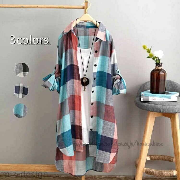 Work Clothes （Office） - 襟付き 羽織 ロングシャツ チェック柄 トップス オーバーシャツ チェックシャツ ブロックチェック シャツ ブラウス レディース