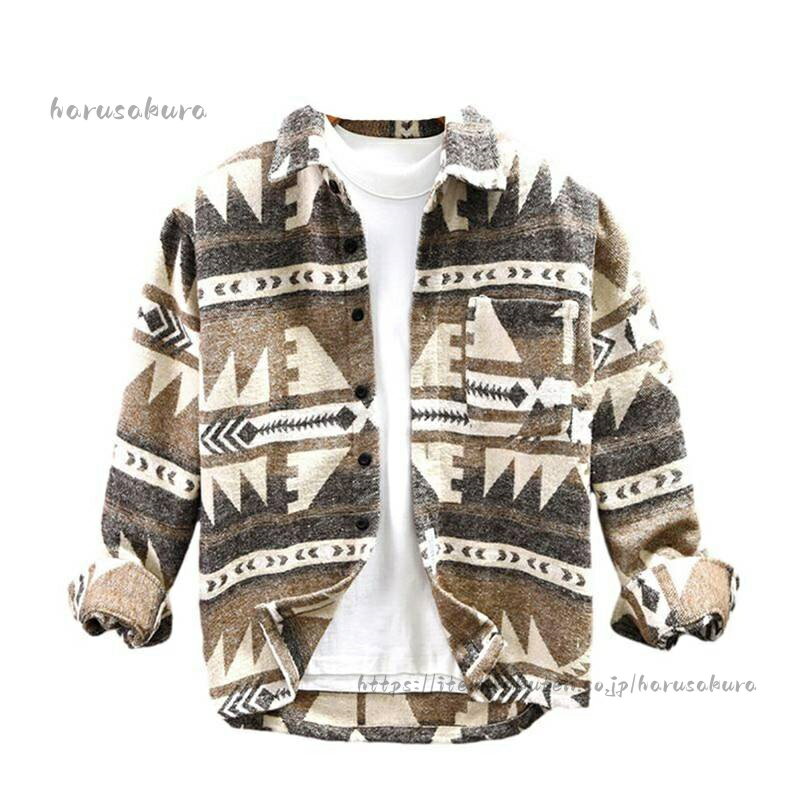 シャツ メンズ 4xl 長袖 ネイティブ柄 春 夏 長袖シャツ エスニック フリースシャツ ポケット付き 大きいサイズ おしゃれ 柔らかい カジュアル 体型カバー ラ 普段使い レトロ 欧米風