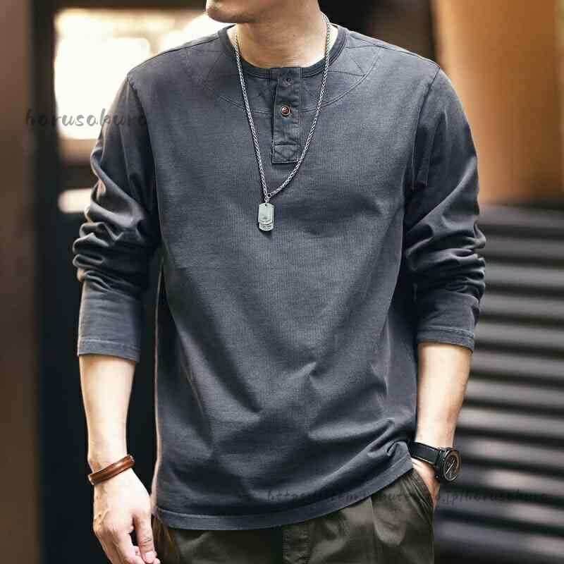 メンズ 長袖Tシャツ ヘンリーネック トップス Tシャツ カットソー 特集 A:アイスグレー B:ゴールド C:モカブラウン D:チャコール E:ブラック F:アーミーグリーン G:チャコールフリース S M L XL 2XL 3XL 4XL