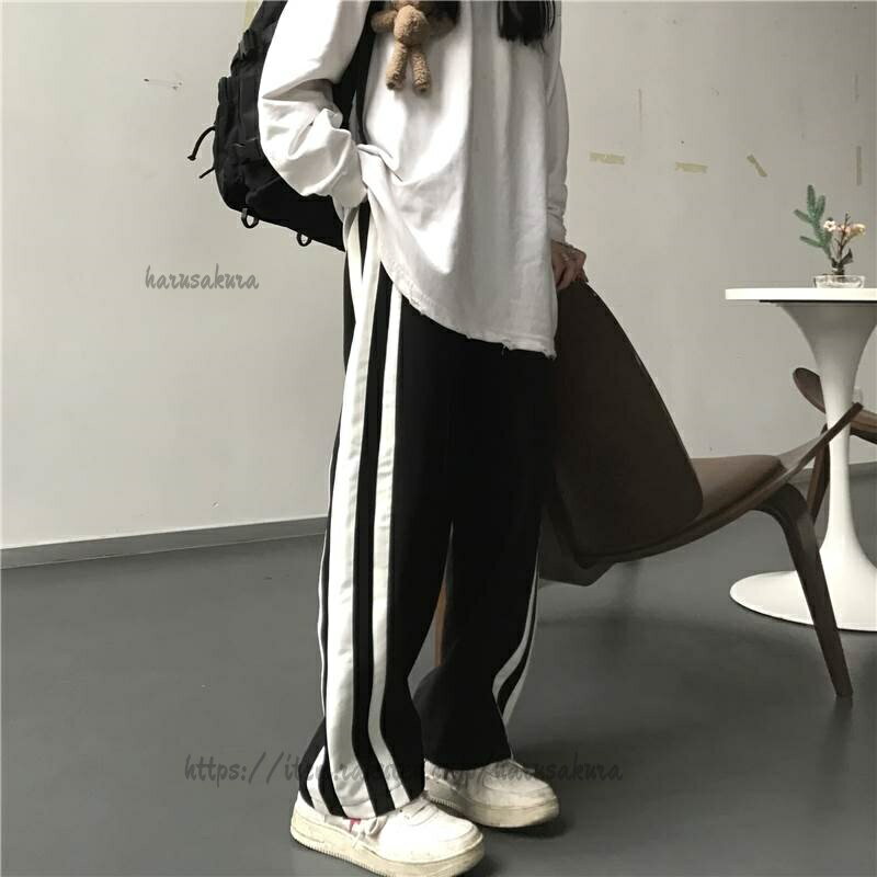 Rakuten - 黒 白 ジャージ スウェット レディース 2色ロングパンツ パンツ ラインパンツ
