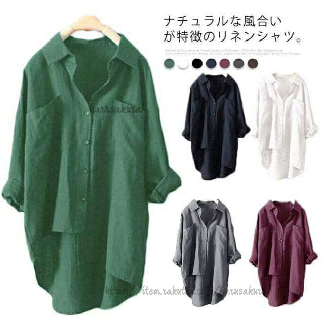 Blouses - リネンシャツ レディース 長袖シャツ トップス 麻 リネン 前後差 ラウンド裾 オーバーサイズ 羽織り 無地 ビッグシルエット