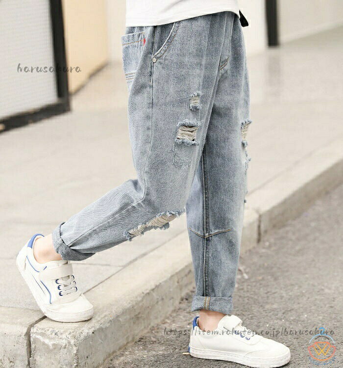 HARUSAKURA楽天市場店の韓国子供服 デニムパンツ 男の子 ジーンズ 穴のジーンズ キッズ デニムダメージジーンズ 子供 学生 レジャー デニムロングパンツ ボトムス デニムダンス レジ 大人気 ジュニア｜アングル2