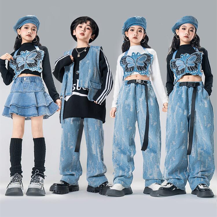 Rakuten - キッズ ダンス衣装 セットアップ 韓国 子供ダンス 女の子 男の子 ブルー デニム トップス 蝶 ベスト スカート パンツ ベレー帽 ストリート ステージ衣装 カジュアル 演出服 HIPHOP 練習着