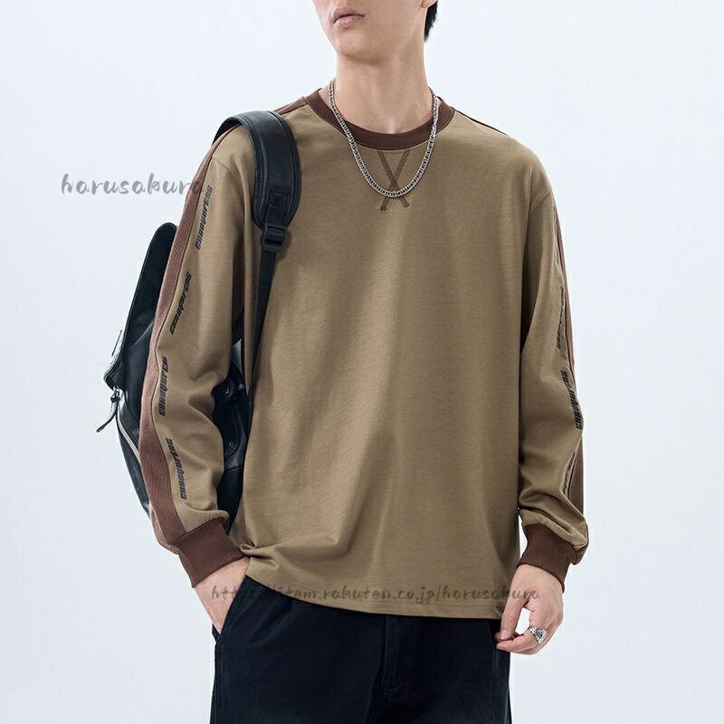 乐天商城 - Tシャツ メンズ ヘビーウェイト 280g 綿100% クルーネック 長袖Tシャツ アメリカンレトロ アメカジ ゆったり オーバーサイズ 切り替え 秋冬 吸湿速乾 レタリング