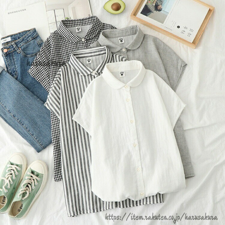 Work Clothes （Office） - ガーゼシャツ 綿100％ シャツブラウス レディース 丸襟 シャツ ブラウス トップス フレンチスリーブ カジュアル 無地 チェック ストライプ 千鳥柄 夏 通勤 ゆったり 大きいサイズ