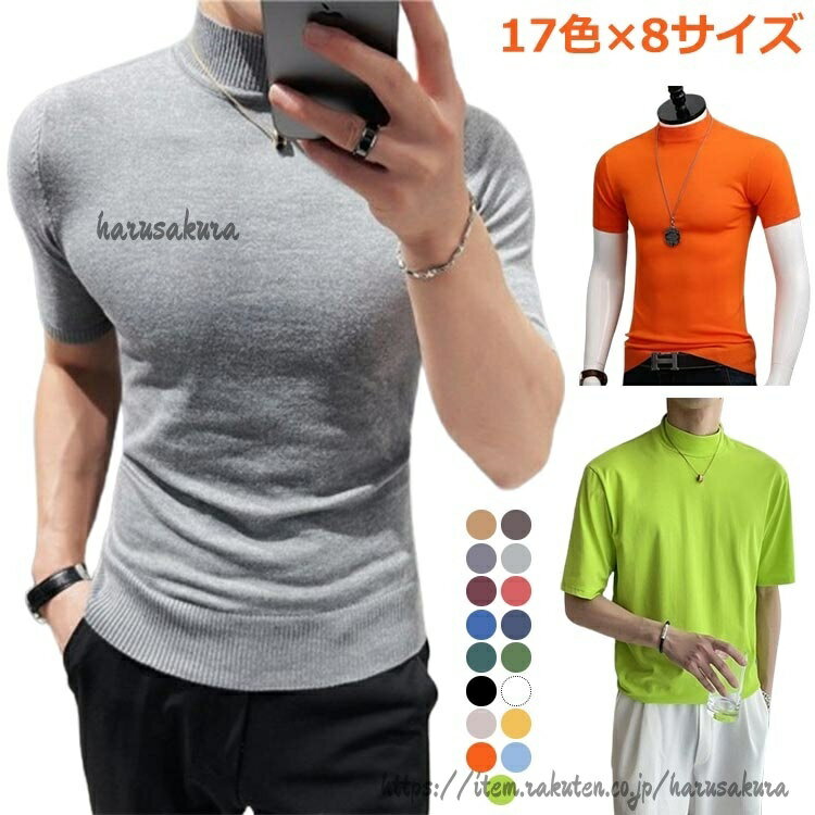 Rakuten - ハイネック カットソー メンズ 半袖 Tシャツ 無地 無地tシャツ 夏 ハイネックtシャツ スポーツ ネイビー ティーシャツ 白 黒 トップス 大き カジュアル ゴルフウェア