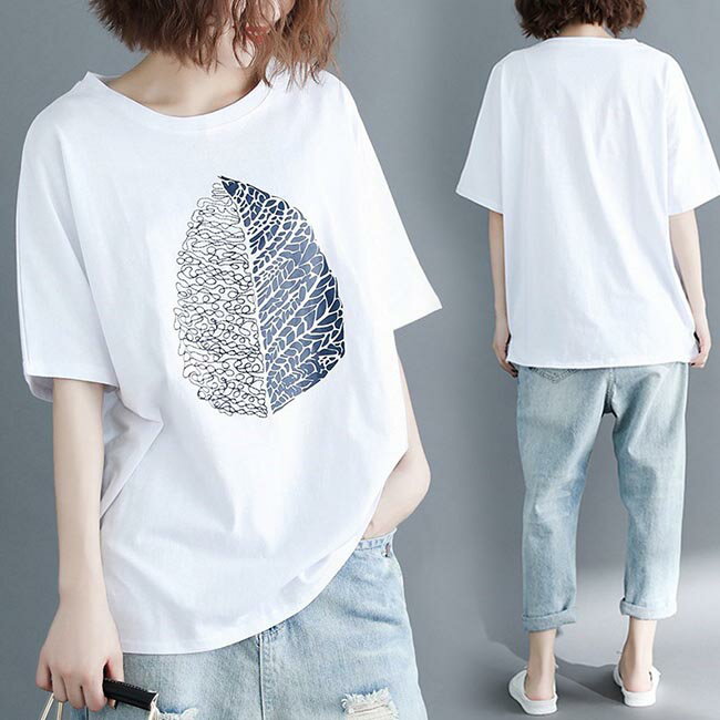 Tシャツ 半袖 レディース サマーTシャツ 白 ゆったりTシャツ 半袖Tシャツ 葉っぱ柄 夏Tシャツ ゆったり レディースTシャツ カットソーのサムネイル