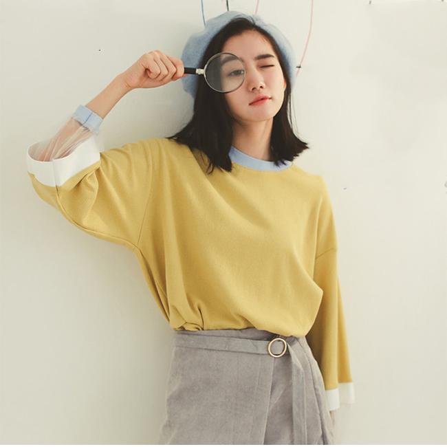 Rakuten - 長袖 トップス 秋 レディース Tシャツ ゆったり ユニックデザイン ブラウス チュール袖 おしゃれ 長袖Tシャツ クルーネック カットソー オーバーサイズ 春 カジュアルトップス ブルー イエロー