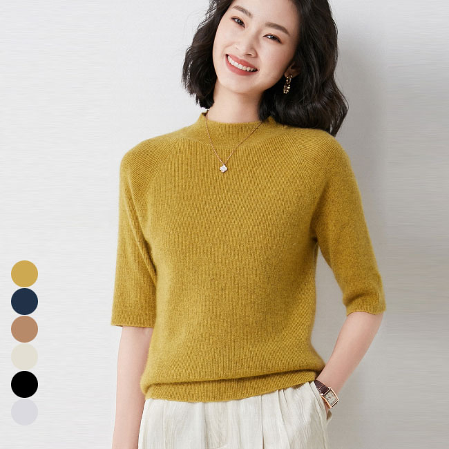 Crew Neck - ニットセーター 五分丈袖 レディース セーター ウール混 ニットトップス クルーネック 秋 春 5分丈袖ニットセーター オフィス シンプル トップス 冬 グレー ブラック ベージュ イエロー