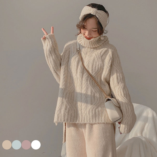 Turtleneck - 厚手 ニットセーター レディース ハイネック セーター ゆったり 厚手ニット ケーブル編み タートルネック おしゃれ 女性 ニット トップス 長袖 プルオーバー ホワイト ピンク ブルー