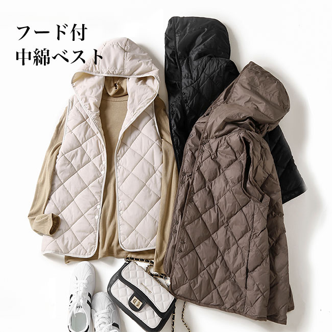 中綿ベスト フード付 レディース キルティングベスト 綿入れ 軽い フード付きベスト 冬 アウター 中綿 ノースリーブ ジレベスト 前開き 中綿ジレ あたたかい 冬ベスト フード付き中綿ベスト 防寒 グレー ベスト ブラック