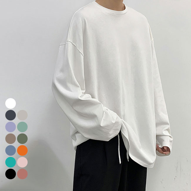 Long-Sleeved - Tシャツ メンズ 長袖 トップス プルオーバー カットソー 長袖Tシャツ クルーネック 秋 春 ゆったり カジュアル シンプル 無地 綿 コットン 重ね着 カラバリ