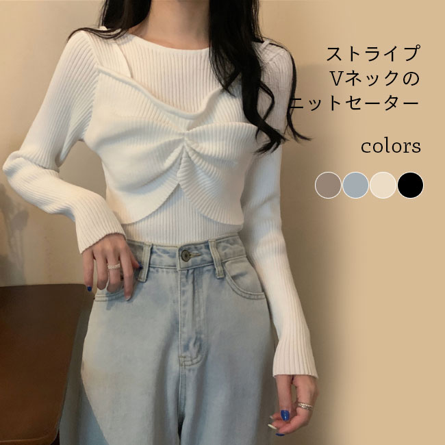 Crew Neck - ニットセーター レディース セーター 秋冬 プリーツ クルーネック 長袖 ポリエステル トップス プルオーバー お洒落 カジュアル 保温 新作