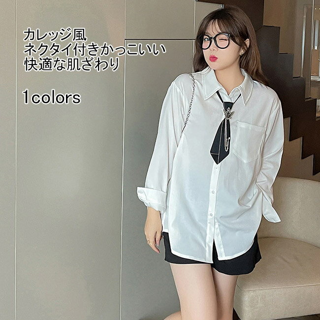 シャツ ブラウス 長袖 レディース 長袖シャツ 大きいサイズ ネクタイ付き ボタン ポケット 柔らかい 肌着 アウター トップス 薄手 シンプル 無地 快適 ゆったり レイヤード 重ね着 着回し 可愛い おしゃれ カジュアル 美シルエット フォーマル 通勤 通学 春秋