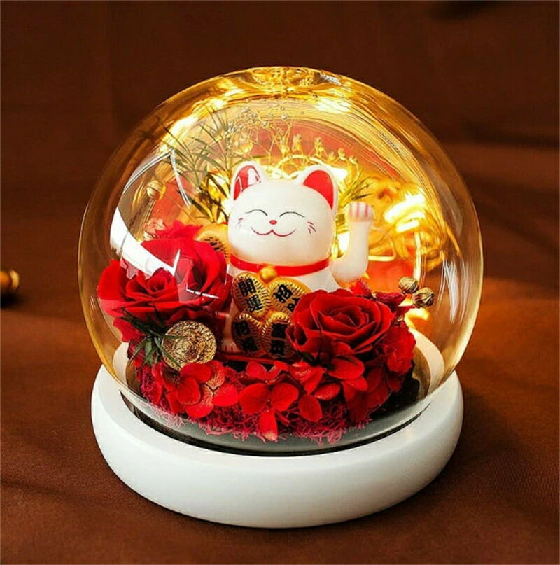 水晶球 - 招き猫 フラワー 枯れない花 ライト お花 薔薇 ドライフラワー ガラスドーム 手作りのお花 金運アップ 笑い猫 置き物 インテリア 玄関 まねきねこ 置物 商売繁盛 おしゃれ 新築祝い 開店祝い プレゼント ギフト