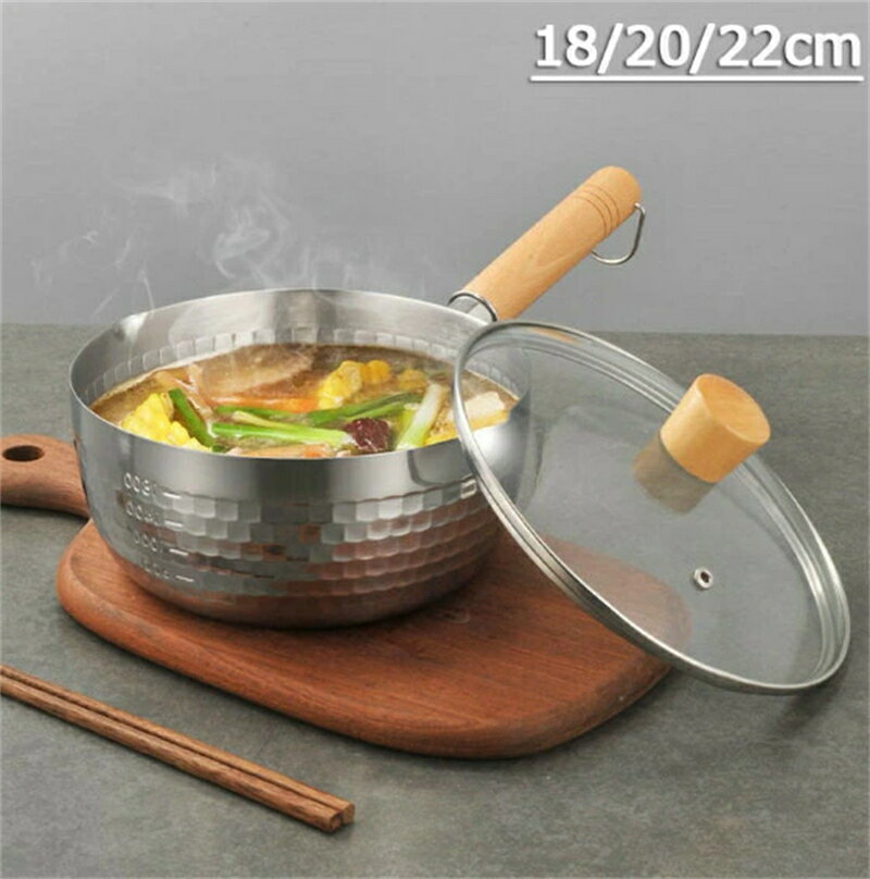 雪平鍋 18cm 蓋付き ガス火・IH対応 おしゃれ ステンレス製 ラーメン鍋 軽くて使いやすい 片手鍋 行平鍋 なべ 小鍋 一人食/小家族 木柄 槌目行平鍋 両側注ぎ口 味噌汁用の鍋 目盛り付き 飲食店/ラーメン店 18/20/22cm