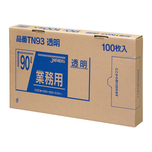 TN93 ジャパックス メタ配合ポリ袋 90L透明100枚BOX 透明/ ケース / 業務用