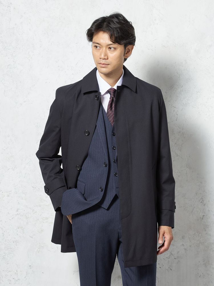 【10%OFFクーポン:12月1日〜3日まで】メンズコート【ビジネスウェア専門店の品質】非ウールLステン フュージョンステンカラーコート ネービー 秋冬 S M...
