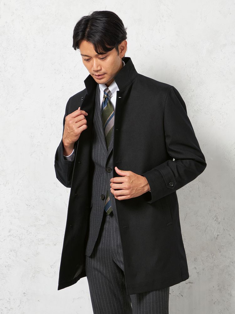 メンズコート【ビジネスウェア専門店の品質】非ウールLコート フェイクウールスタンドカラーコート ブラック M L LL ポリエステル 秋冬 送料無料