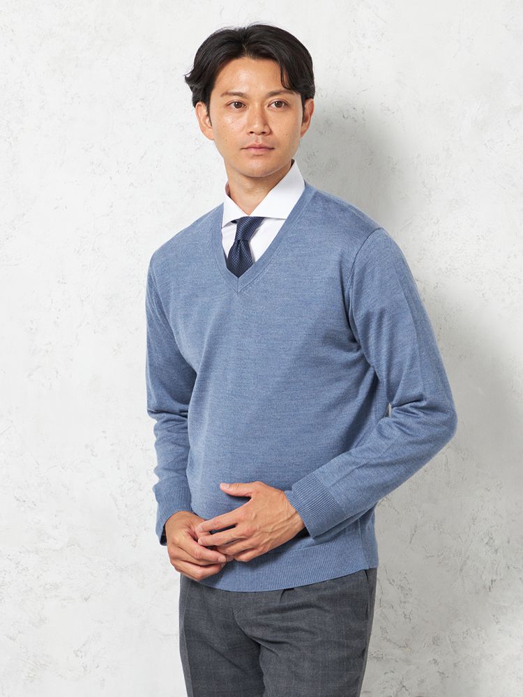 【10%OFFクーポン：11月20日20時～30日23:59まで】長袖ニットVネック RiickenBacchar無地天竺Vネックセーター ブルー M|L|LL アクリル ウール 秋冬 送料無料