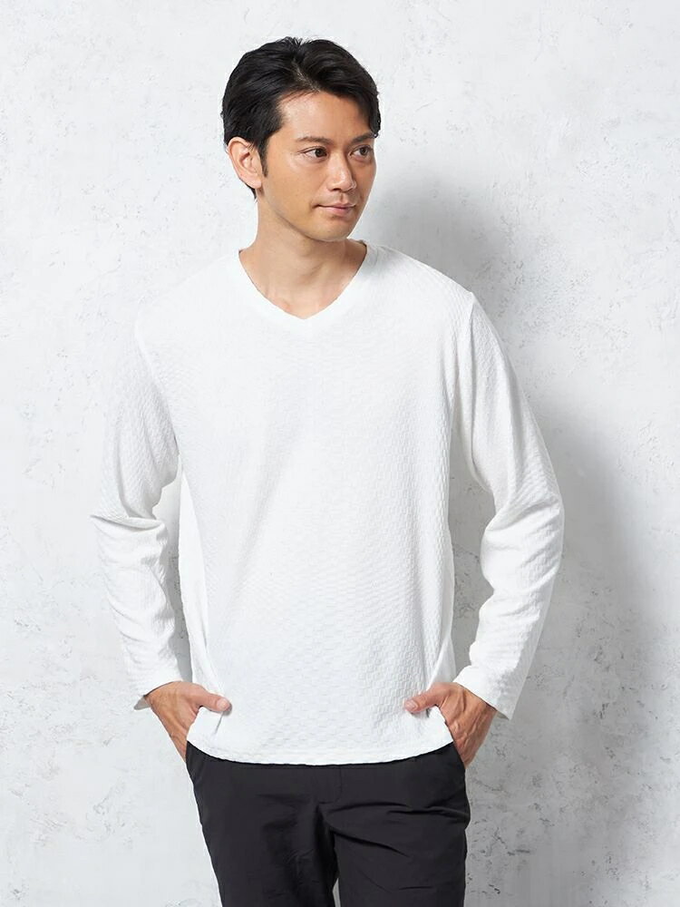 【10%OFFクーポン：11月20日20時～30日23:59まで】メンズカジュアルインナー ニット長袖Vネック RUCKENBACCHAR VネックロンTシャツ オフホワイト M L LL ポリエステル 綿 春夏