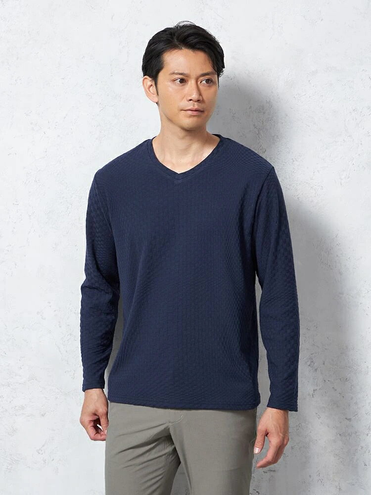 【10%OFFクーポン：11月20日20時～30日23:59まで】メンズカジュアルインナー ニット長袖Vネック RUCKENBACCHAR VネックロンTシャツ ネイビー M L LL ポリエステル 綿 春夏