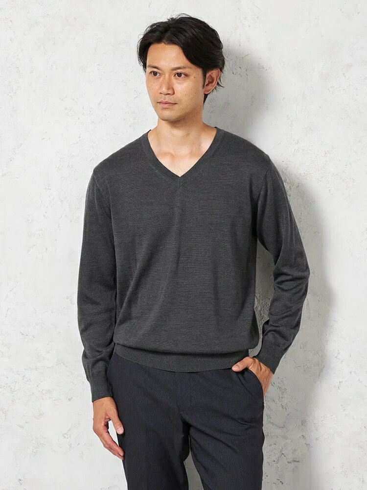 【10%OFFクーポン：11月20日20時～30日23:59まで】メンズカジュアルインナー ニット長袖Vネック RiickenBacchar無地天竺Vネックセーター C．グレー M L LL 3L アクリル ウール 秋冬