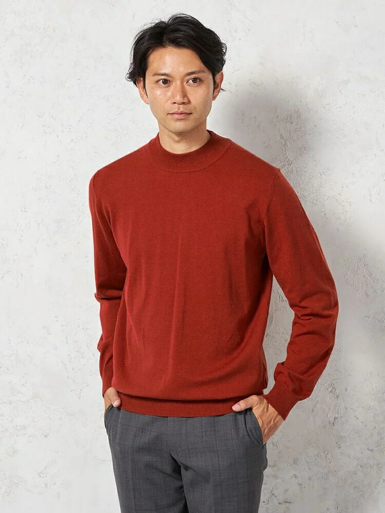 【8%OFFクーポン：11月12日~19日23:59まで】メンズカジュアルインナー ニット長袖ハイネック ファイブミックスモックネック オレンジ M L LL アクリル ポリエステル ナイロン 秋冬