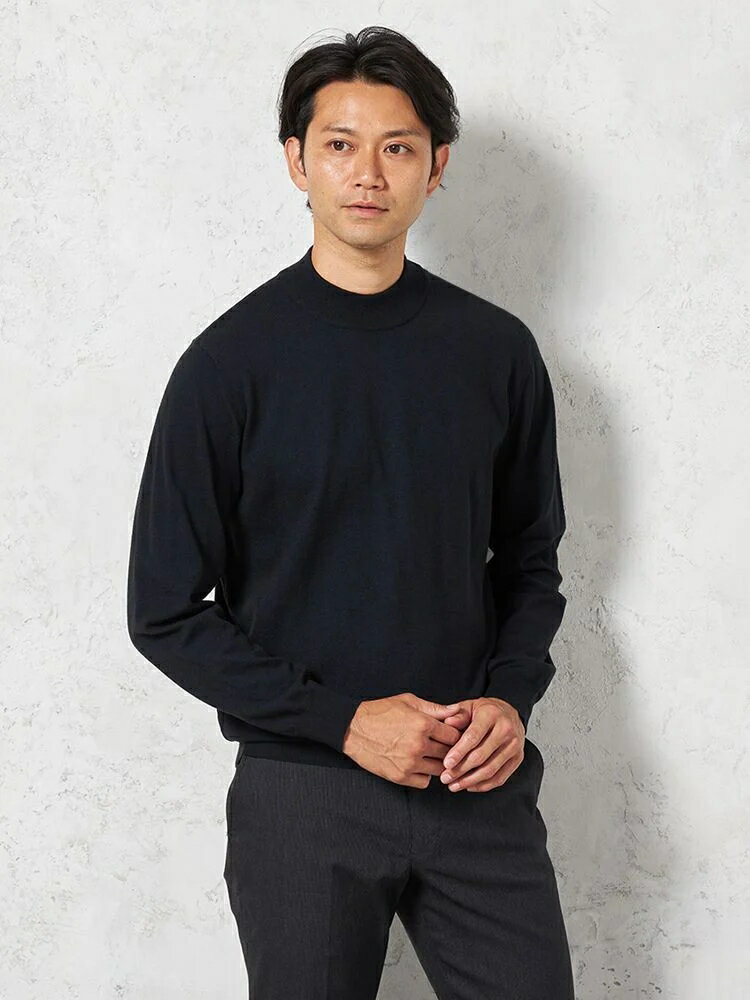 【8%OFFクーポン：11月12日~19日23:59まで】メンズカジュアルインナー ニット長袖ハイネック ファイブミックスモックネック ネイビー M L LL アクリル ポリエステル ナイロン 秋冬