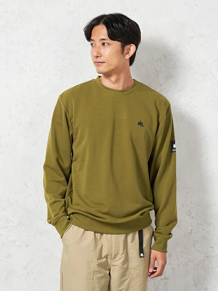 【最大15％OFFクーポン：スーパーSALE限定】【LOGOS】メンズカジュアルインナー カット長袖クルーネック LOGOS裏毛トレーナー グリーン M L LL ポリエステル 秋冬