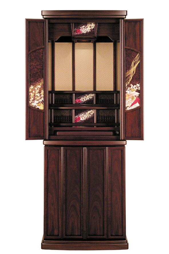 仏壇 新風 唐木 「都慕情 館の庭」 16号 紫檀系 仏具セット「優美305」(御本尊セット+ 仏具 セット )付【唐木仏壇 床置型 唐木 小型 唐木モダン 新風唐木】