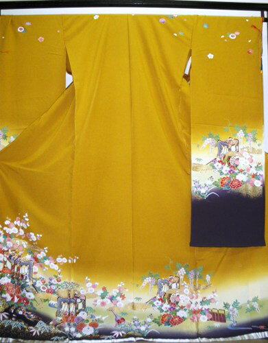 正絹振袖　王朝かさね　吉澤織物　柄八掛付　日本製　カラシ　在庫処分品　国産生地　未仕立て　送料無料