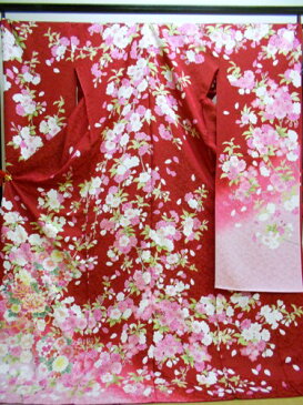 正絹振袖　振袖美術館　吉澤織物　柄八掛付　日本製　赤　ピンクぼかし　国産生地　未仕立て　送料無料