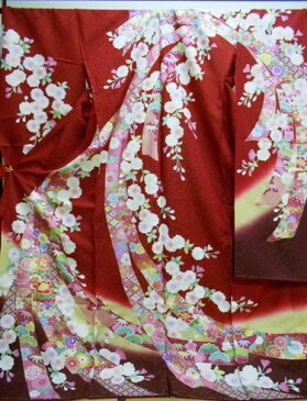 正絹振袖　振袖美術館　吉澤織物　柄八掛付　日本製　赤　熨斗柄　国産生地　未仕立て　送料無料